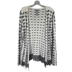 Women's RAIN + ROSE Cardigan M Fringe Blue & White Boho Shaggy Shabby
